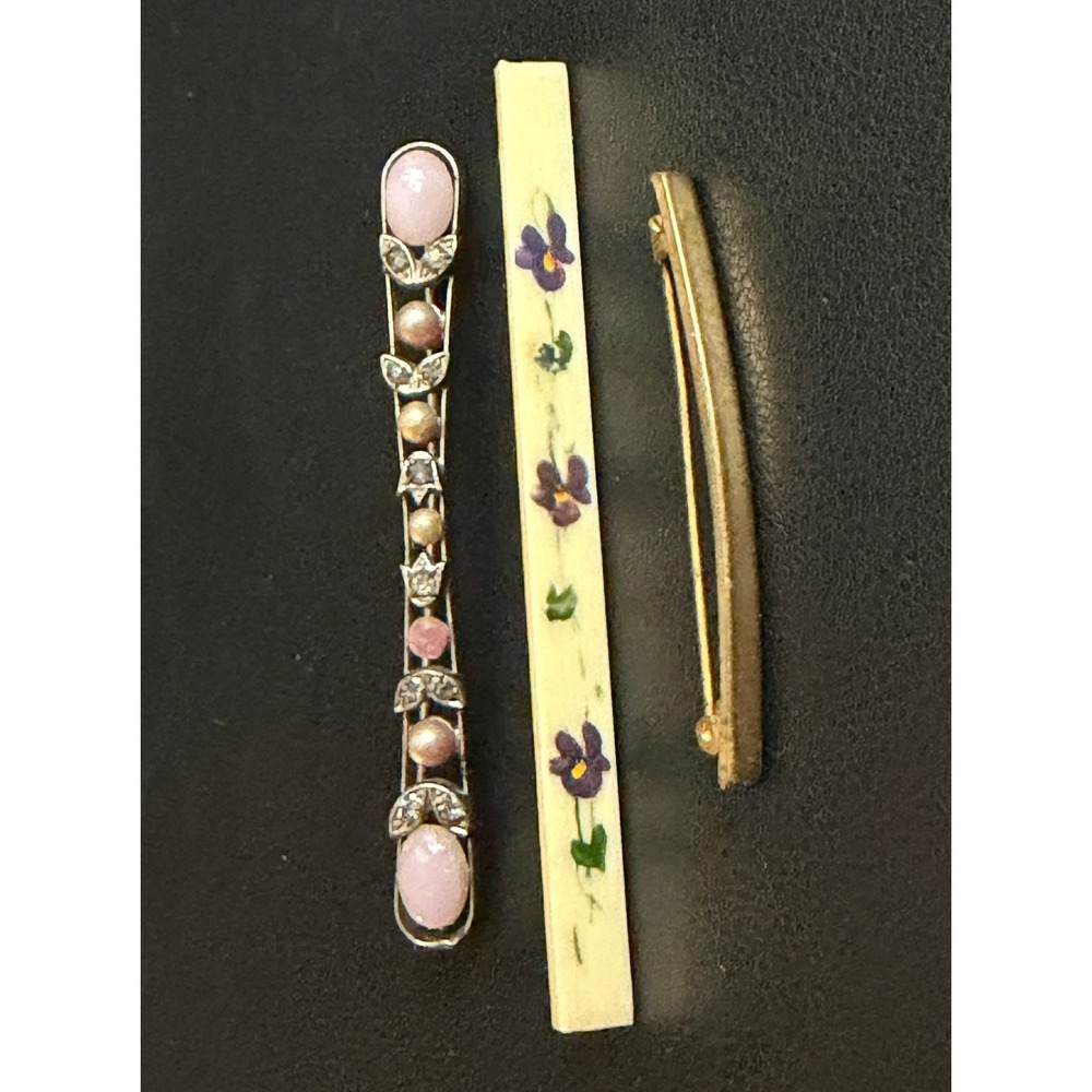Vintage Bar Brooch Lot Gold Tone Hand Painted Floral Pink 3pc